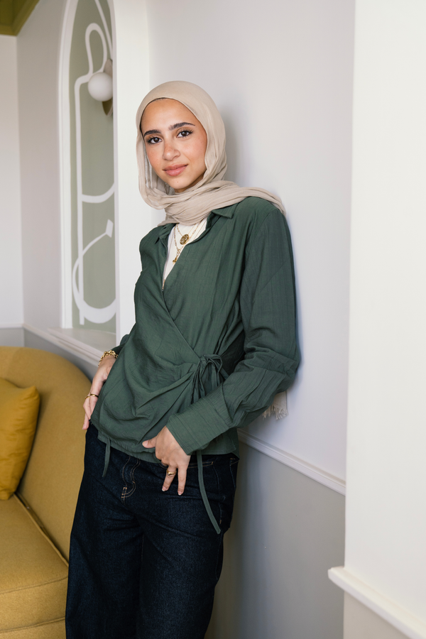 Crinkled Tie Wrap Shirt in Olive
