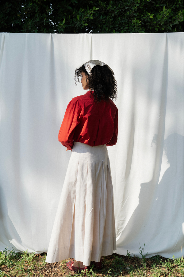 Pleated Linen Skirt in Beige