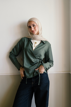 Crinkled Tie Wrap Shirt in Olive