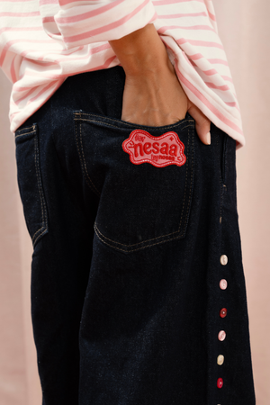 Drawstring Denim Pants with Side Button Details