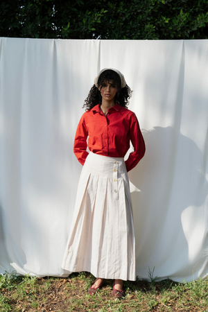 Pleated Linen Skirt in Beige