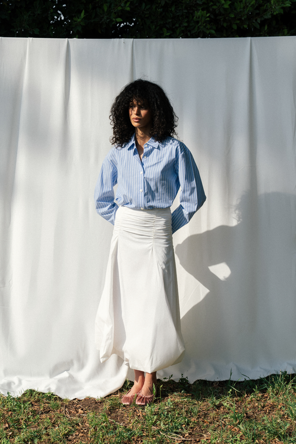 Ruched Poplin Skirt in White