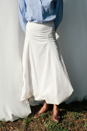 Ruched Poplin Skirt in White
