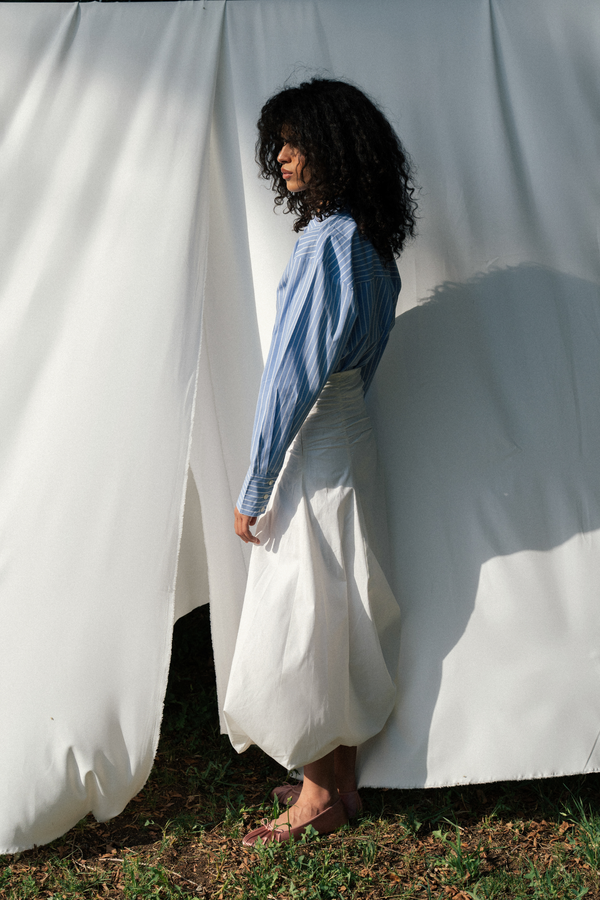 Ruched Poplin Skirt in White