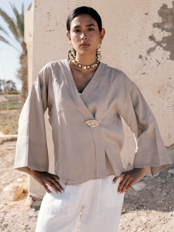 Linen Crossover Kimono in Cafe