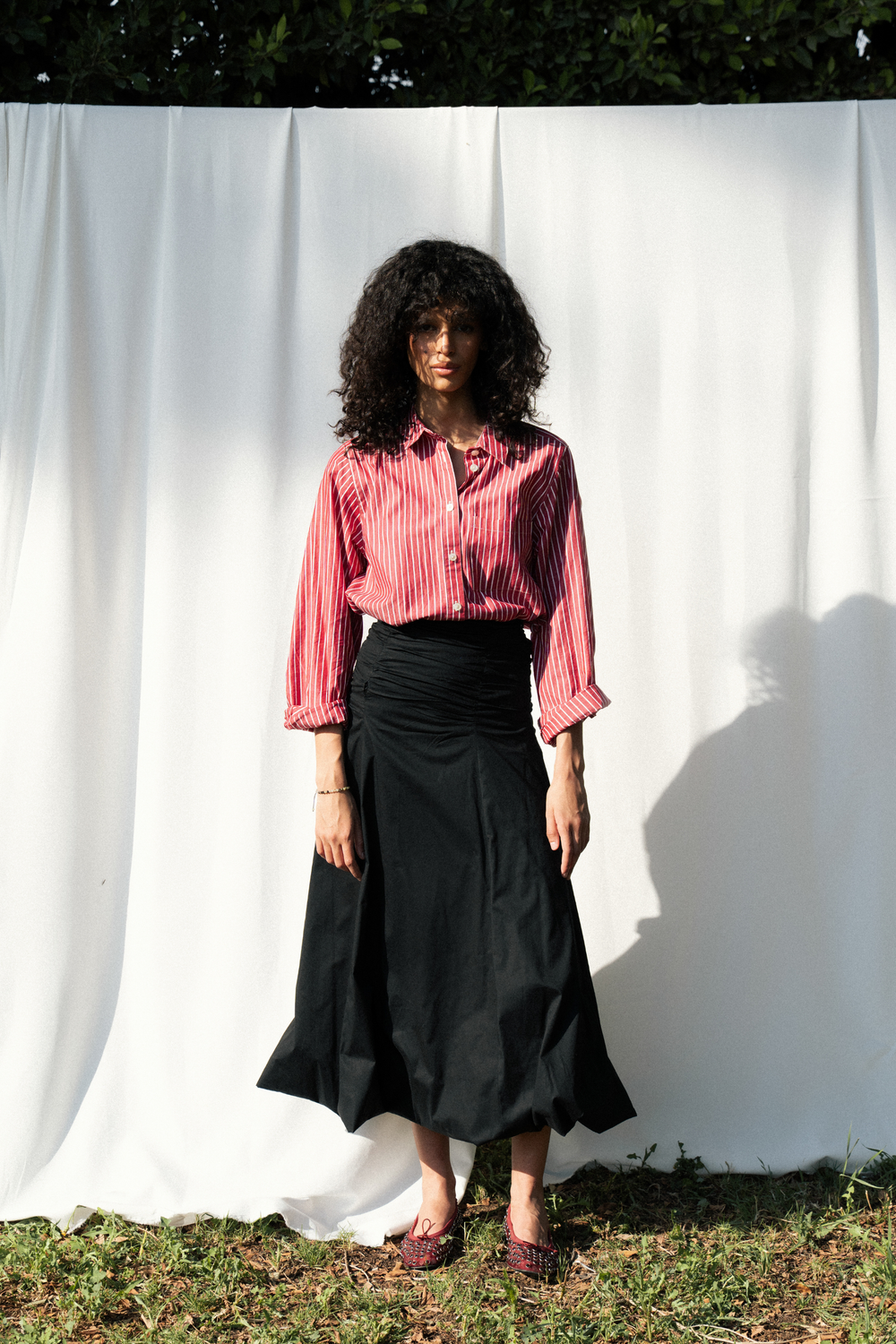 Ruched Poplin Skirt in Black