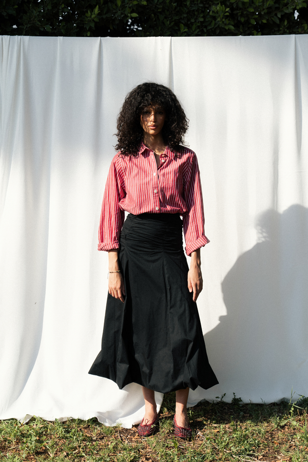 Ruched Poplin Skirt in Black