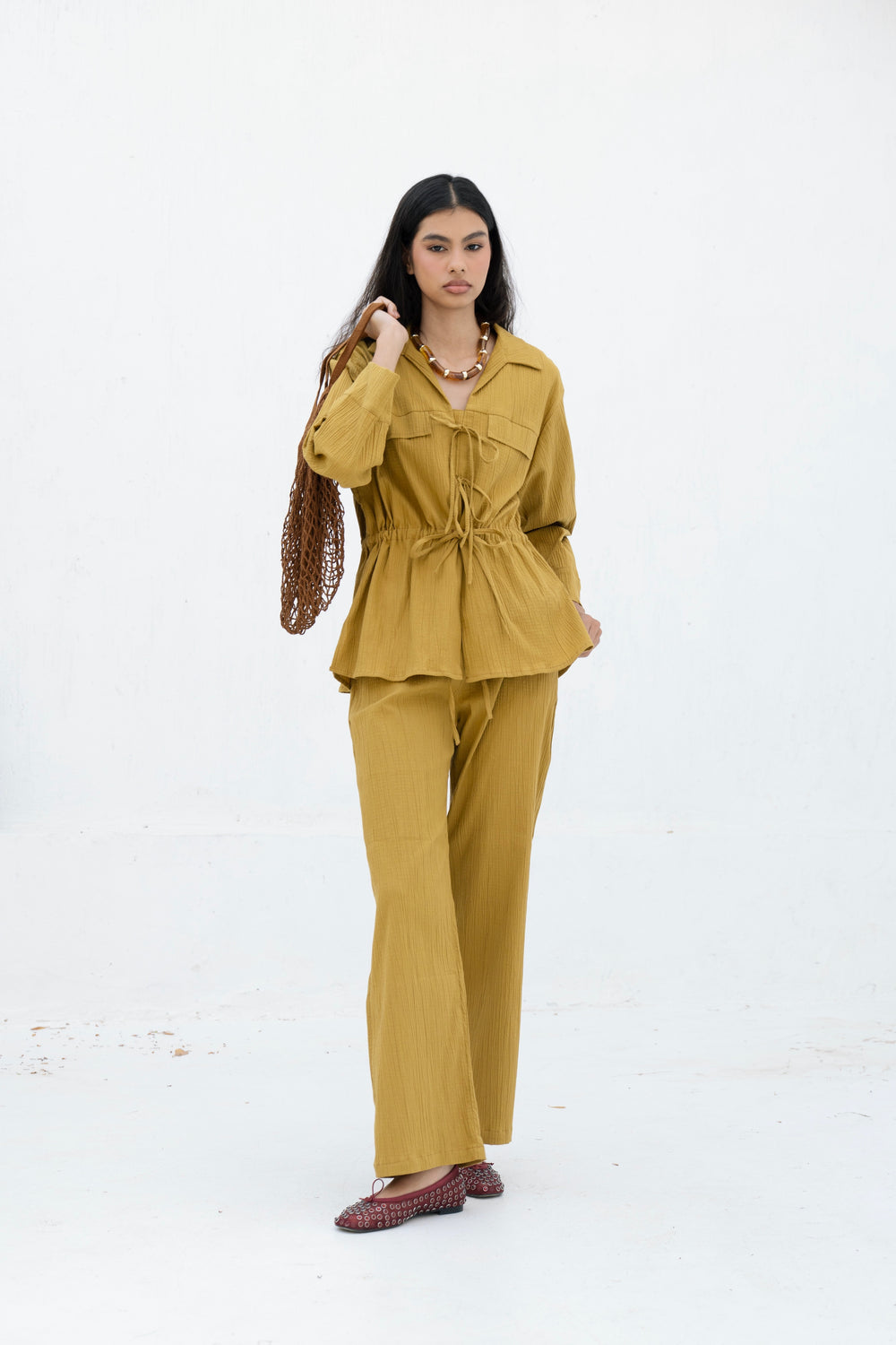 Crinkled Front Tie Set in Mustard