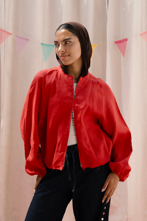 Linen Bomber Jacket in Red