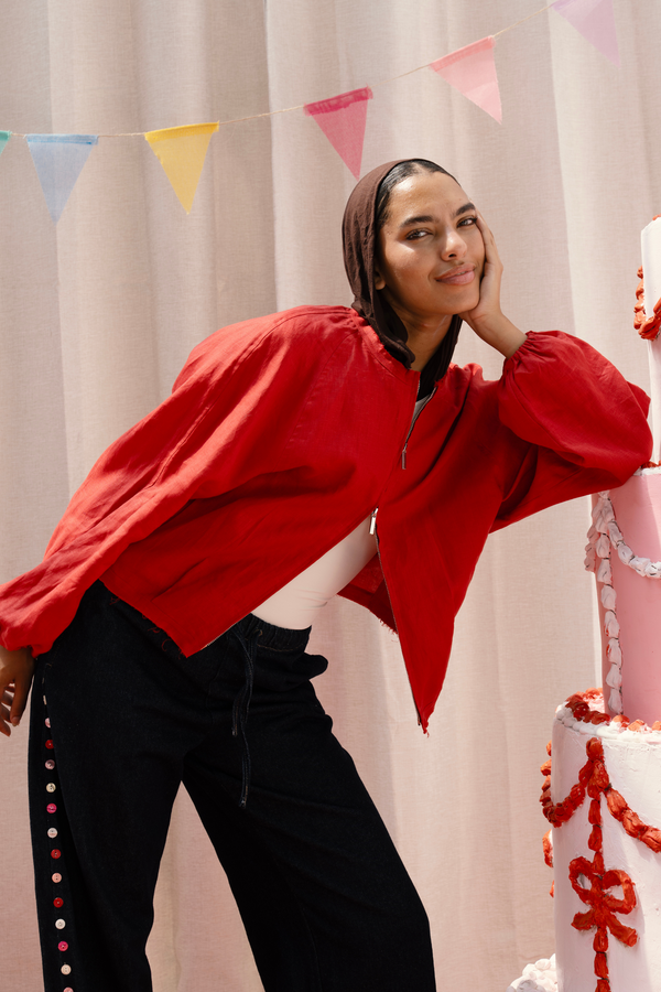 Linen Bomber Jacket in Red