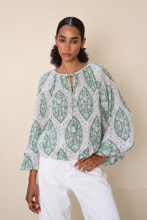 Pleated Balloon Blouse in Green