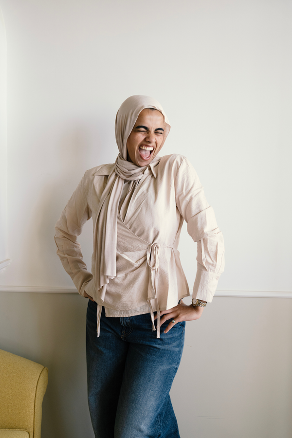 Crinkled Tie Wrap Shirt in Light Beige