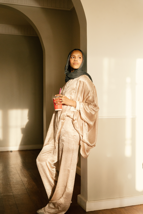 Satin Cape Set in Beige