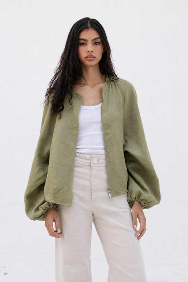 Linen Bomber Jacket in Olive