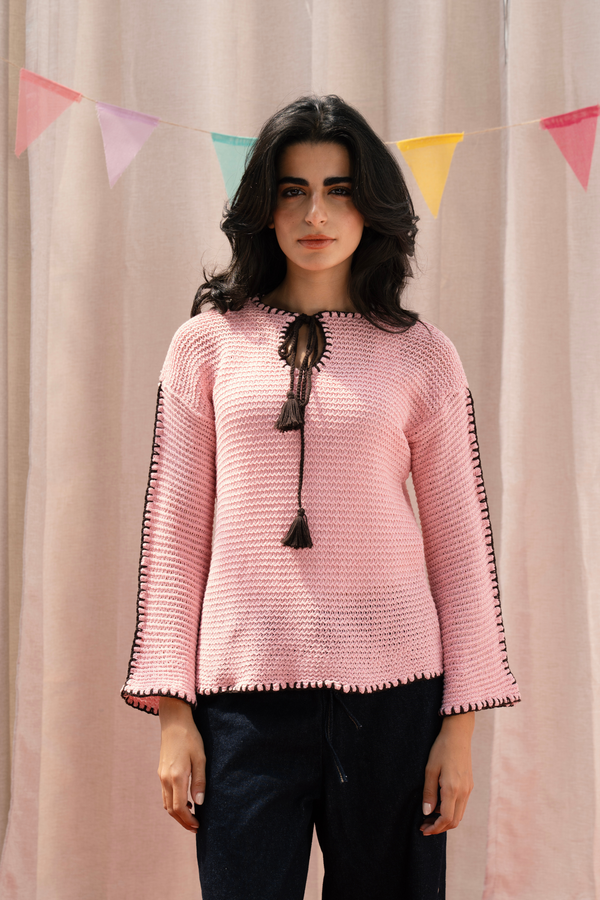 Crochet Tie-Neck Top in Pink