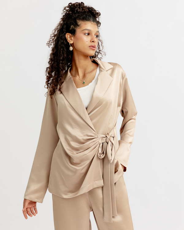 Satin Wrap Blazer Set in Gold