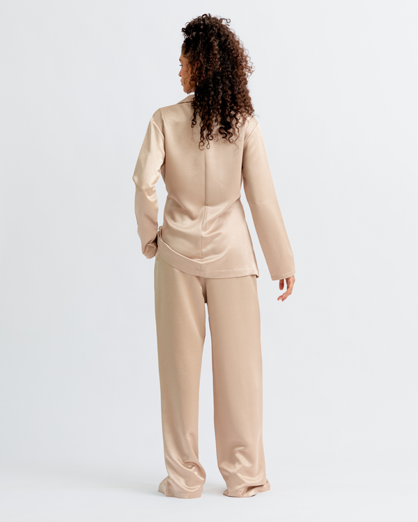 Satin Wrap Blazer Set in Gold