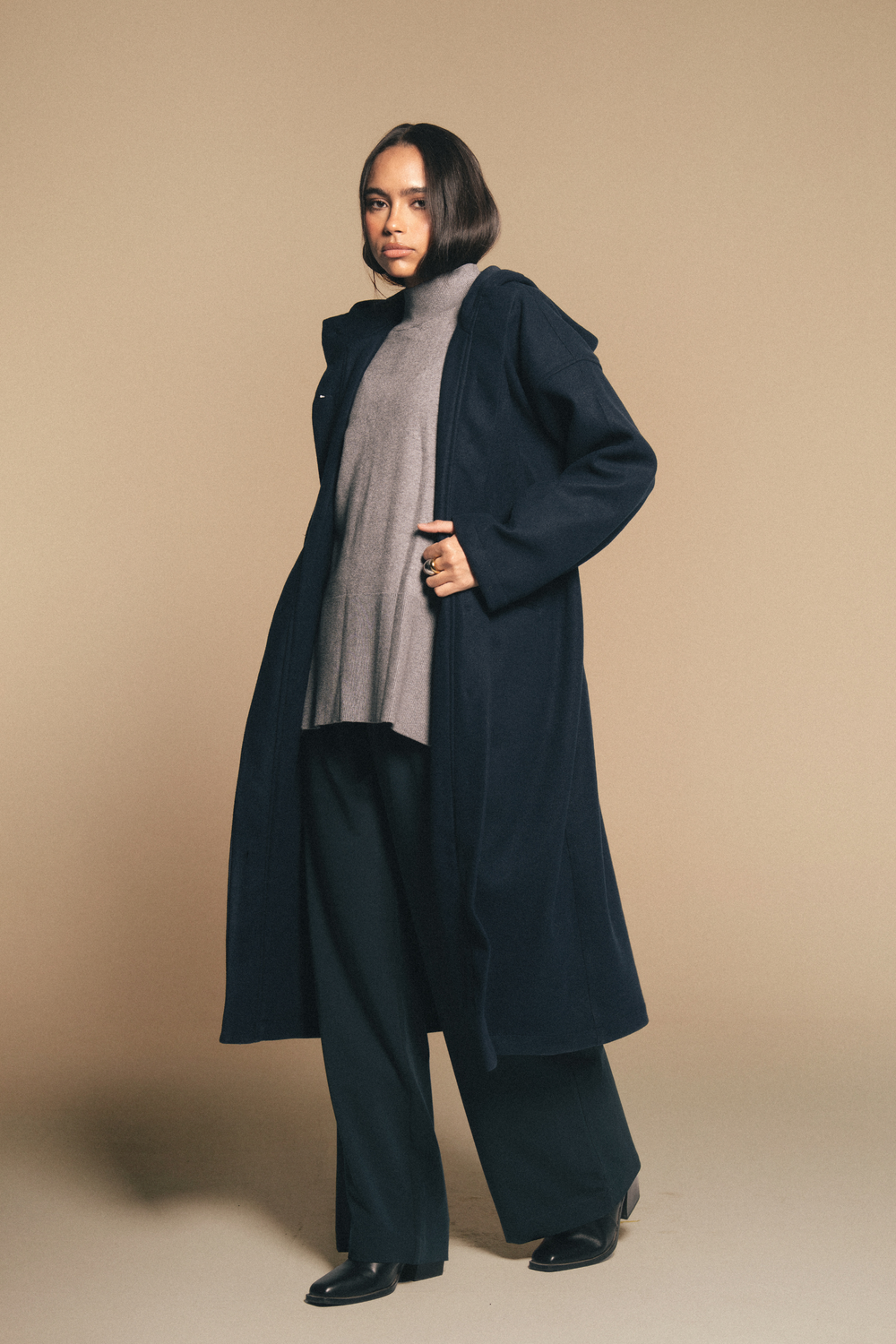 Drawstring Wool Coat in Navy