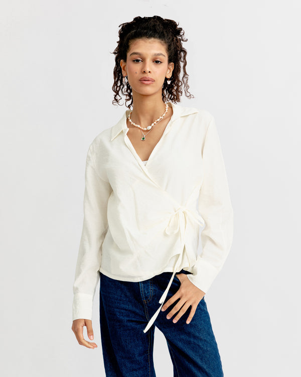 Crinkled Tie Wrap Shirt in Off White