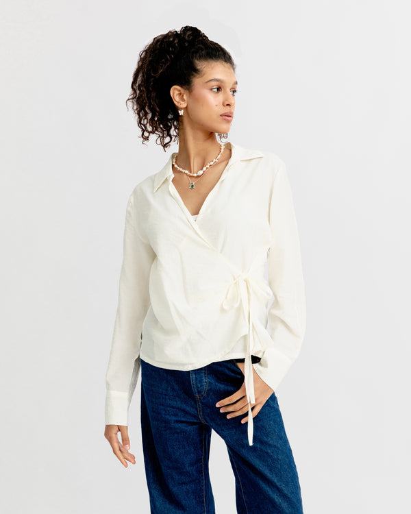 Crinkled Tie Wrap Shirt in Off White