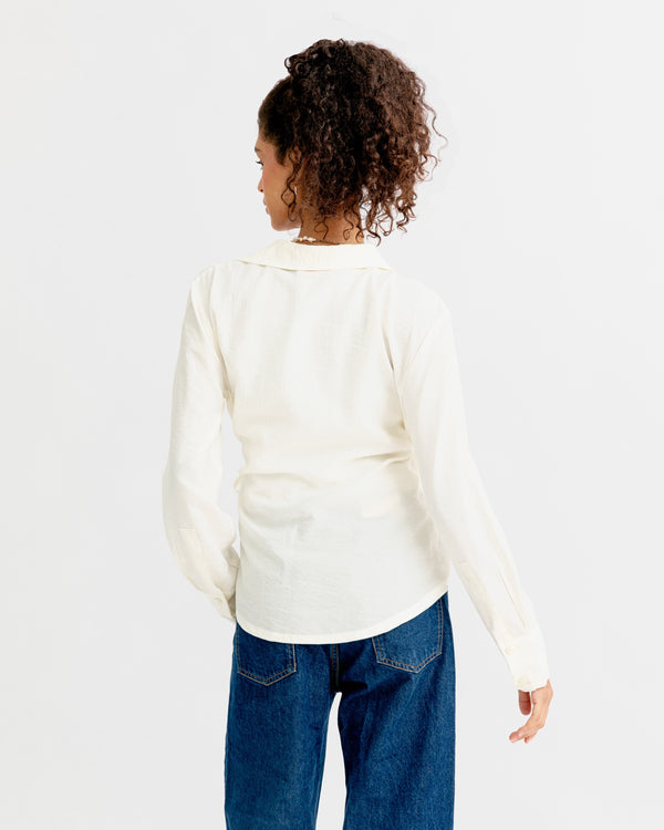 Crinkled Tie Wrap Shirt in Off White