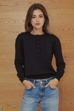 Placket Knit Top in Black
