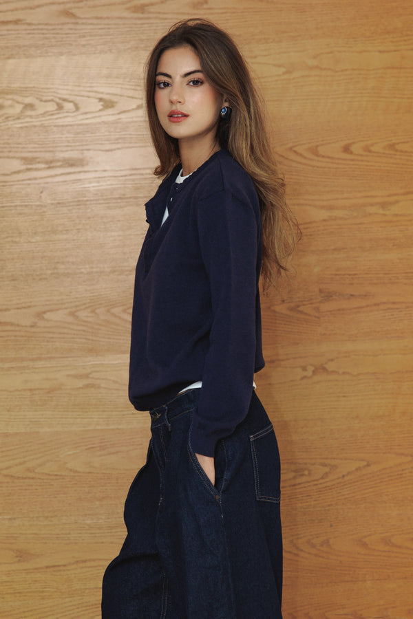 Placket Knit Top in Navy