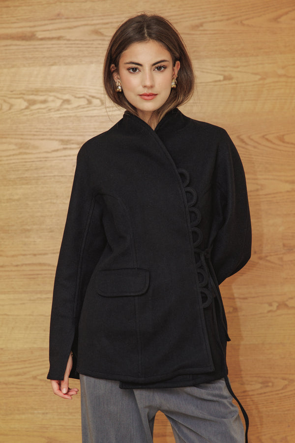 Wool Side Tie Jacket in Black