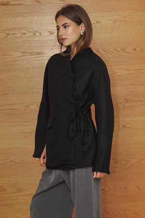 Wool Side Tie Jacket in Black