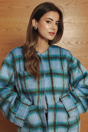 Mid-length Colored Jacket in Blue Checkered
