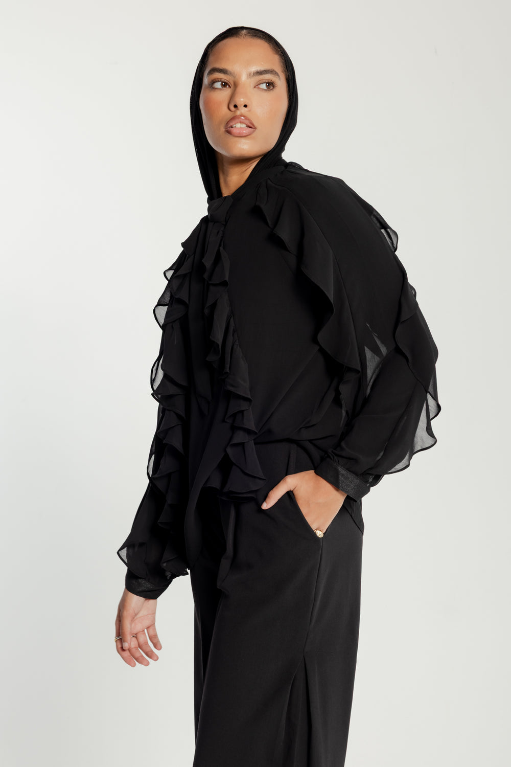Chiffon Ruffled Blouse in Black