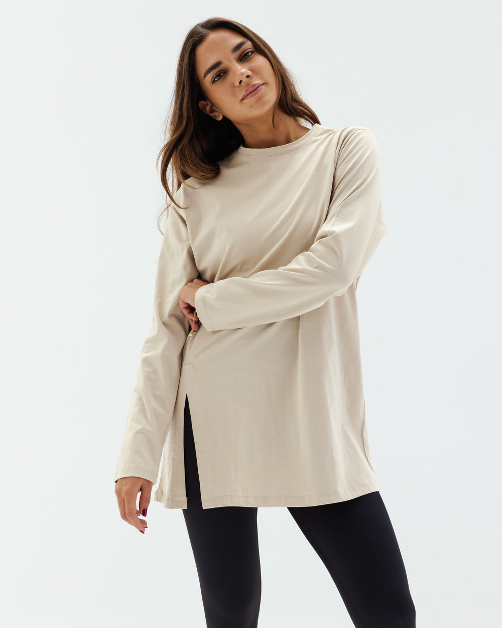 Easy To Do It Long Sleeve Tee in Beige