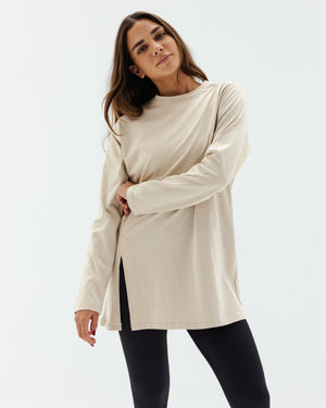 Easy To Do It Long Sleeve Tee in Beige