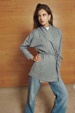 Knitted Belted Cardigan in Grey