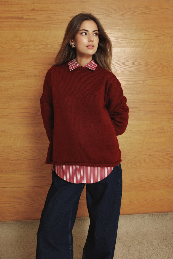 Long Line Knit Jumper in Burgundy