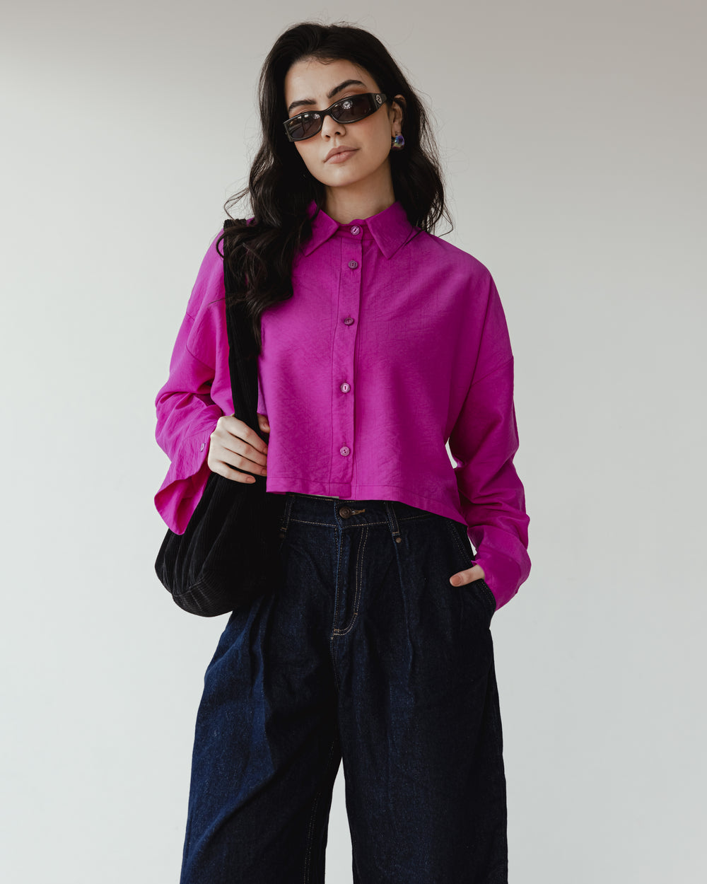 Just Like Me Cropped Shirt in Fuchsia
