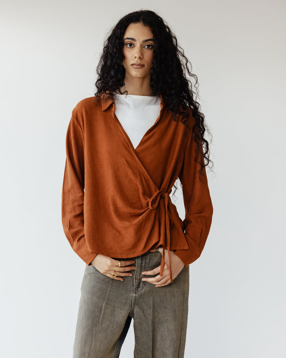 Crinkled Tie Wrap Shirt in Dark Brick