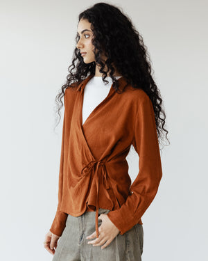 Crinkled Tie Wrap Shirt in Dark Brick