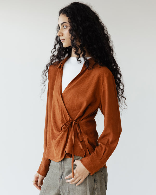 Crinkled Tie Wrap Shirt in Dark Brick