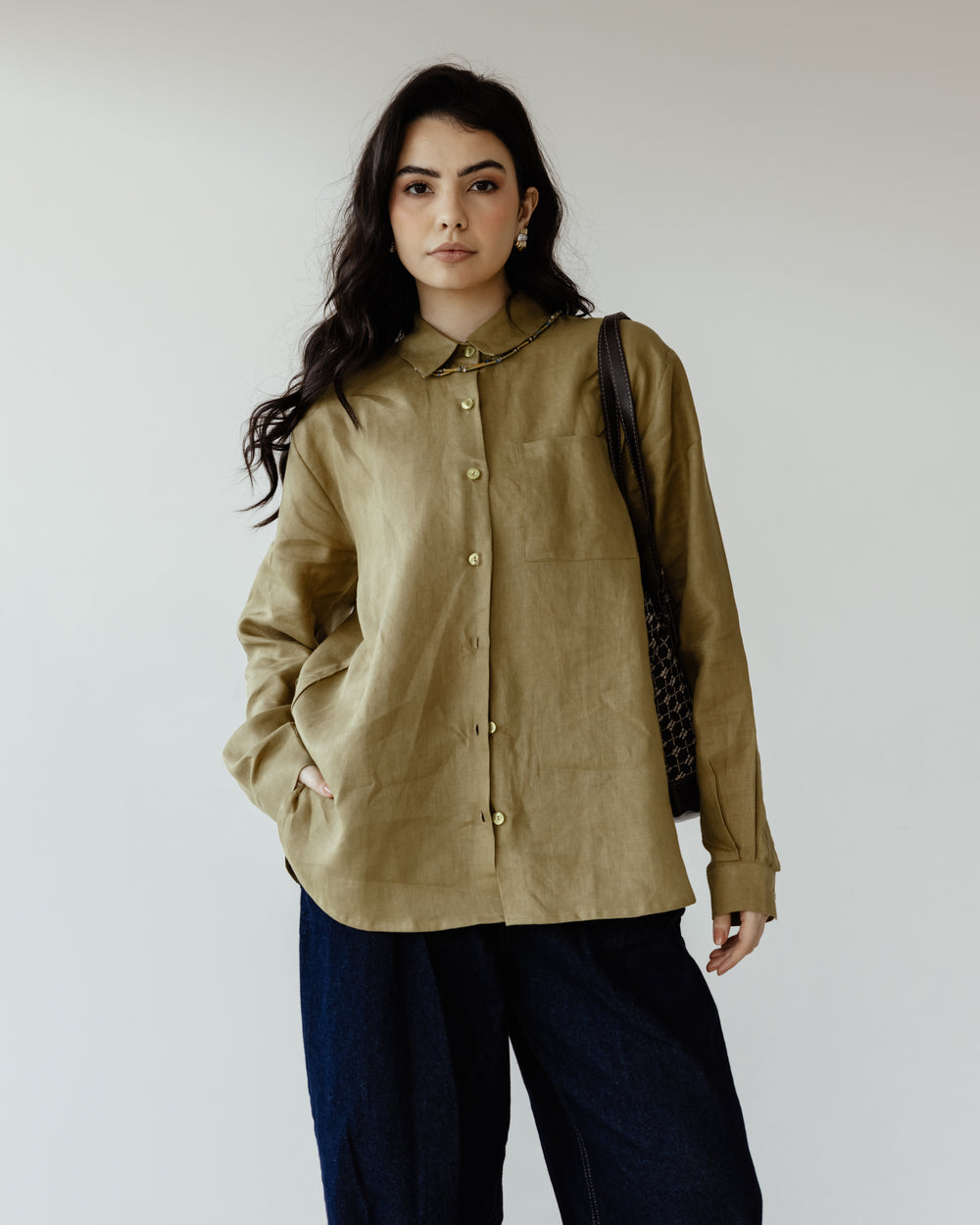 Oversized Linen Shirt in Olive