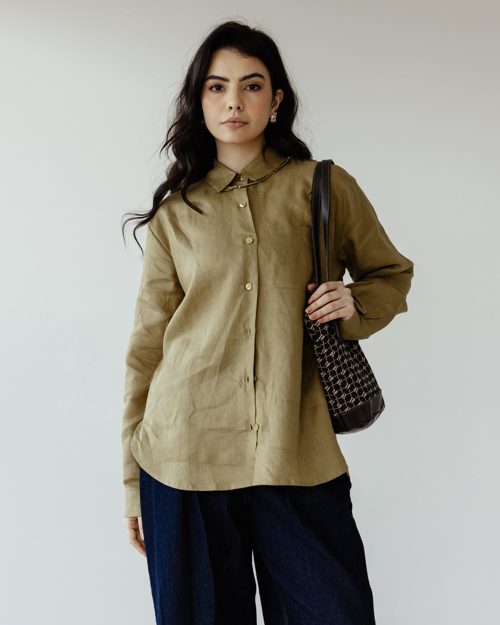 Oversized Linen Shirt in Olive