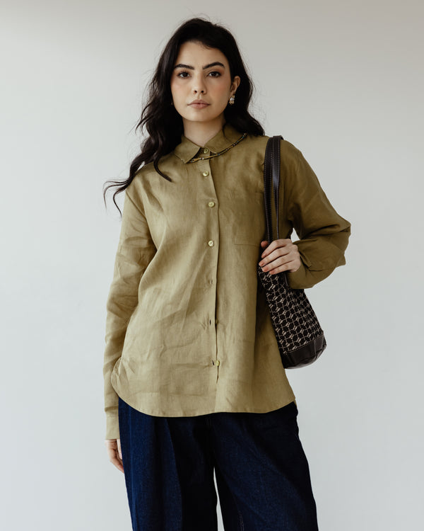 Oversized Linen Shirt in Olive