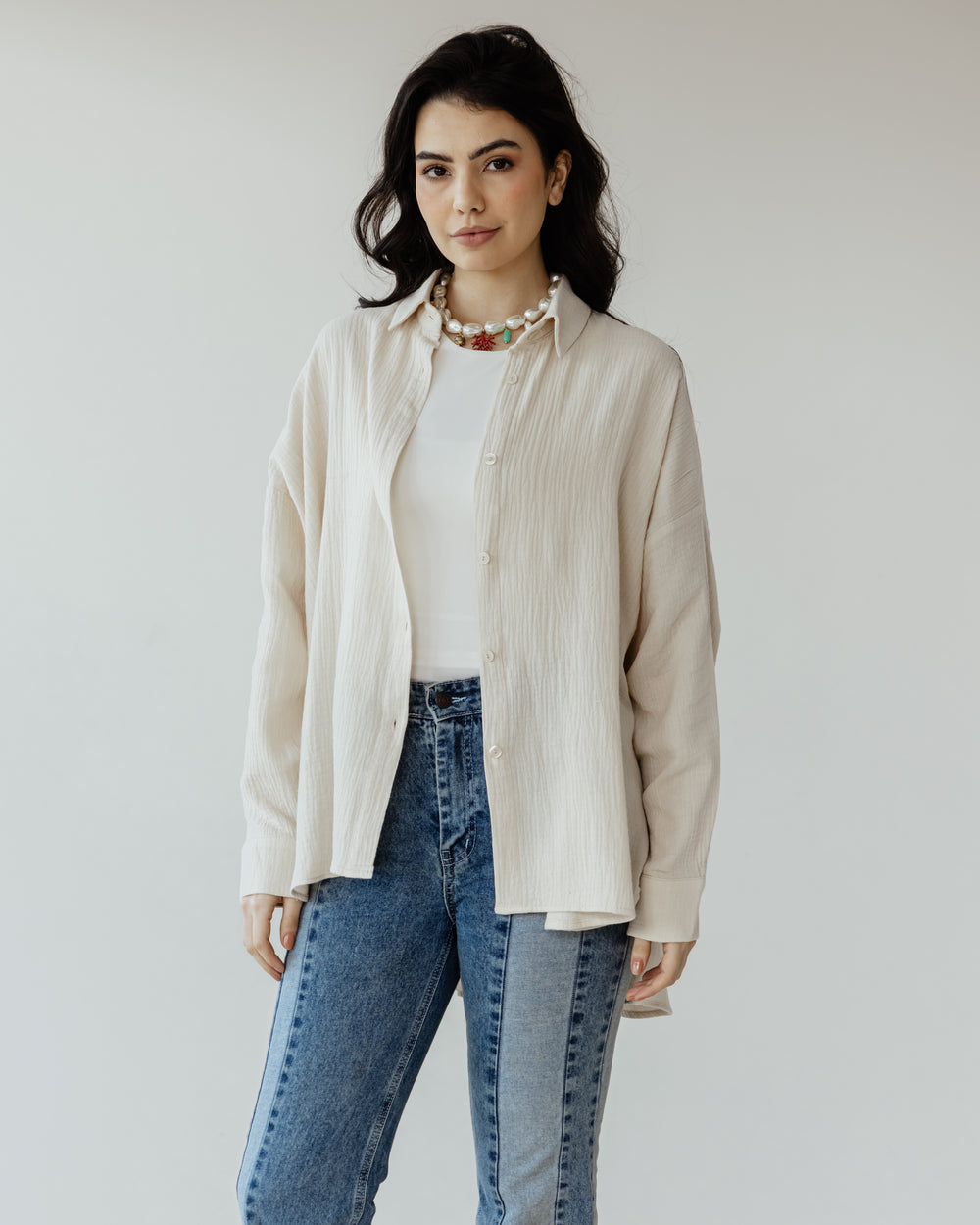 Cotton Muslin Shirt in Beige
