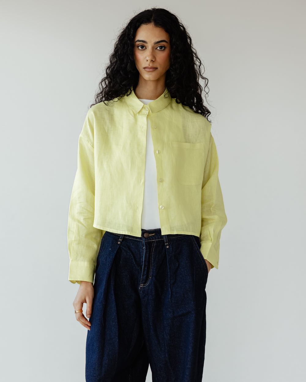 Cropped Linen Shirt in Yellow