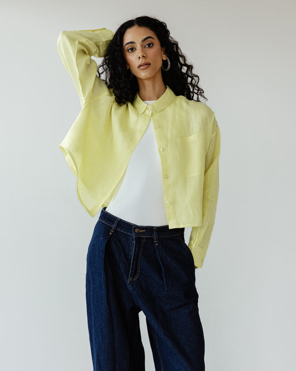 Cropped Linen Shirt in Yellow
