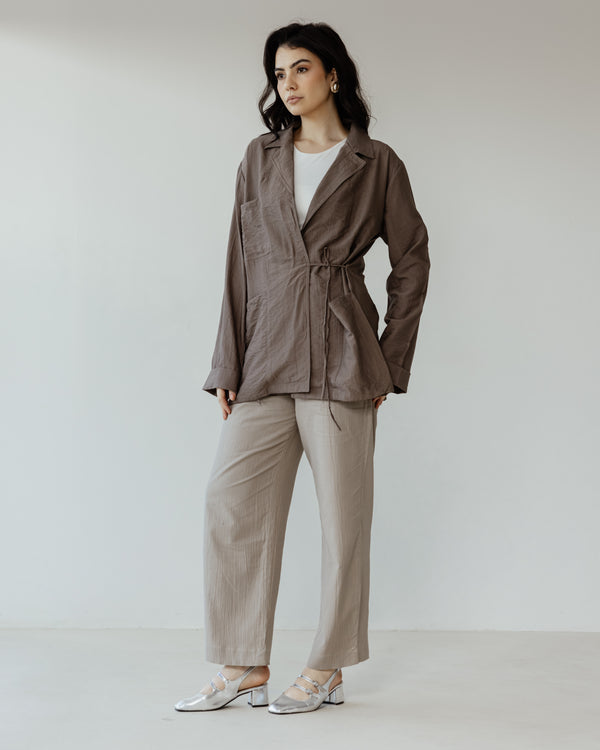 Crinkled Crossover Blazer in Cafe