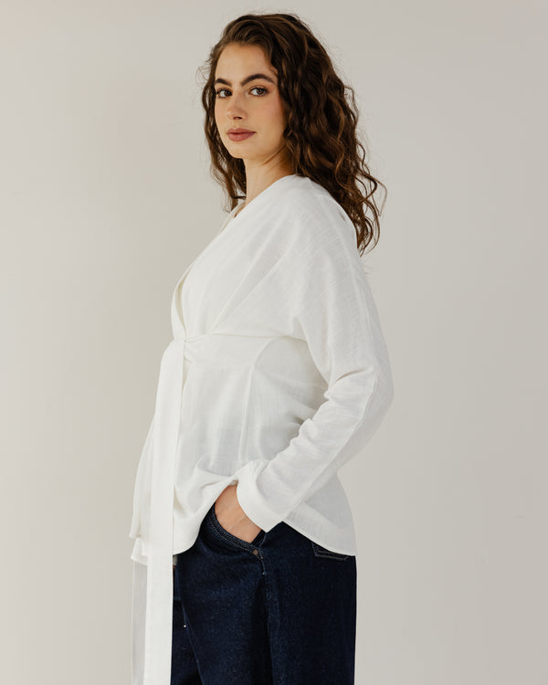 Belted Linen Shirt in Off-White