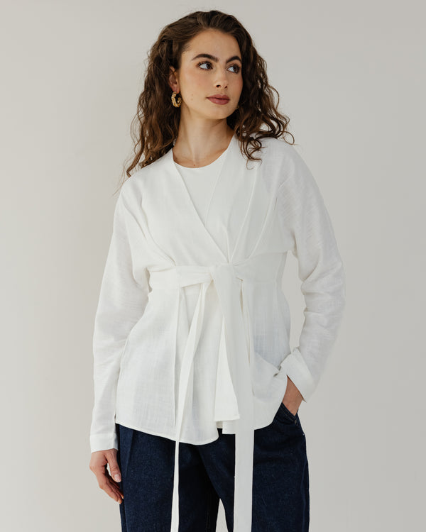 Belted Linen Shirt in Off-White