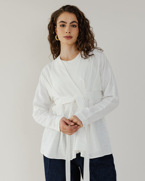 Belted Linen Shirt in Off-White