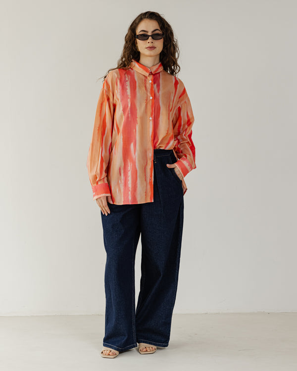 Printed Cotton Shirt in Peach Orange